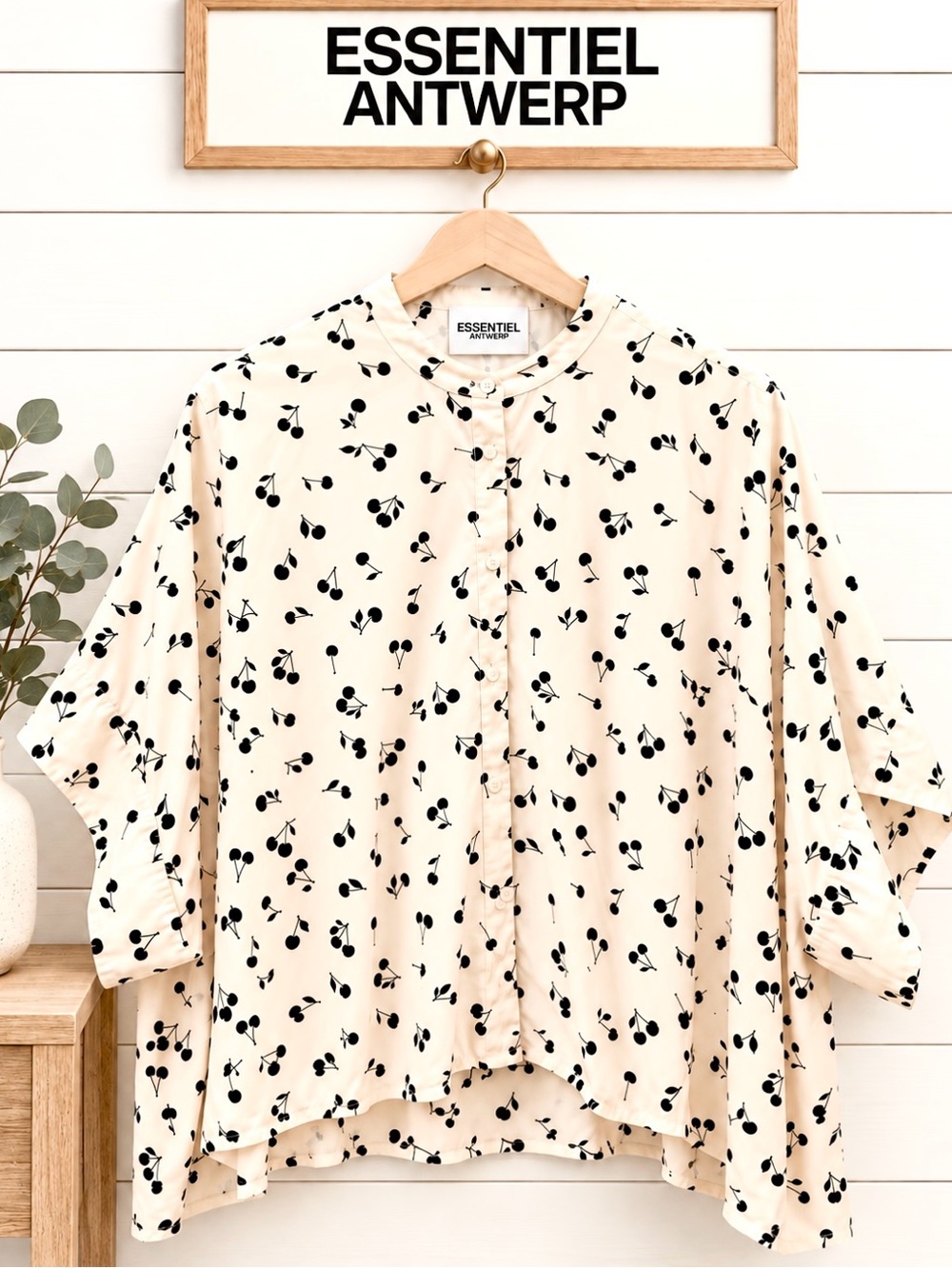 Essentiel Antwerp – Oversized Cherry Print Asymmetrical Shirt – One Size